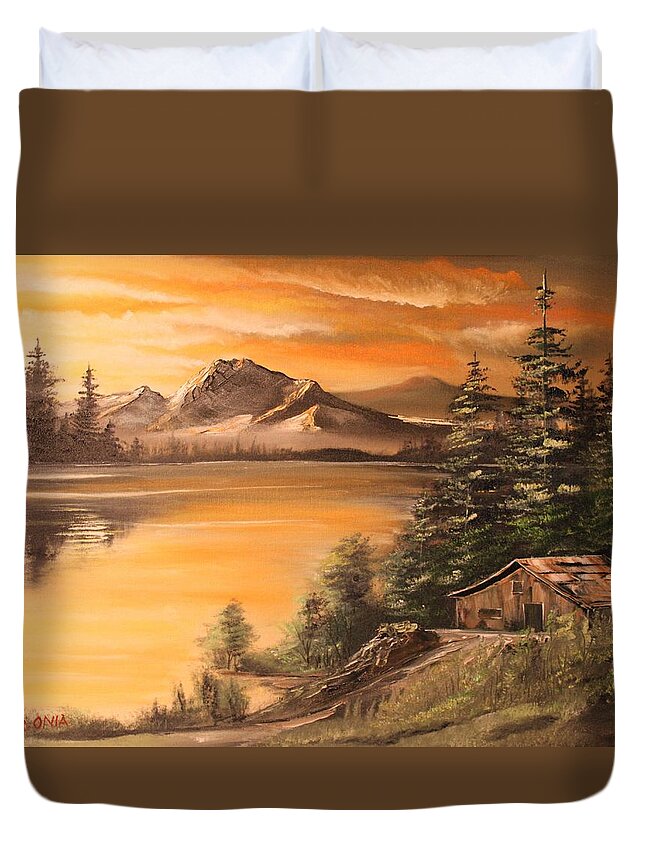 Landscape Duvet Cover featuring the painting Twilight by Remegio Onia