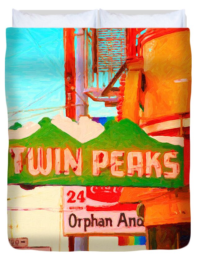Cityscape Duvet Cover featuring the photograph Twin Peaks Gay Bar in San Francisco . Painterly Style by Wingsdomain Art and Photography
