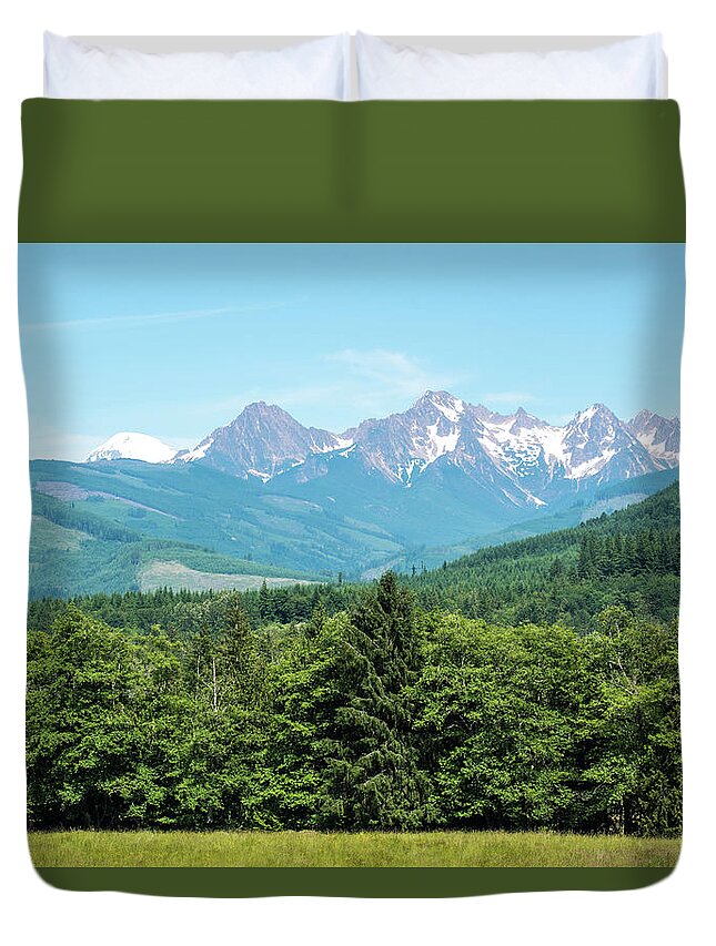 Twin Sisters And Mt Baker Peeking. Pull-off Duvet Cover featuring the photograph Twin Sisters and Mt Baker Peeking by Tom Cochran