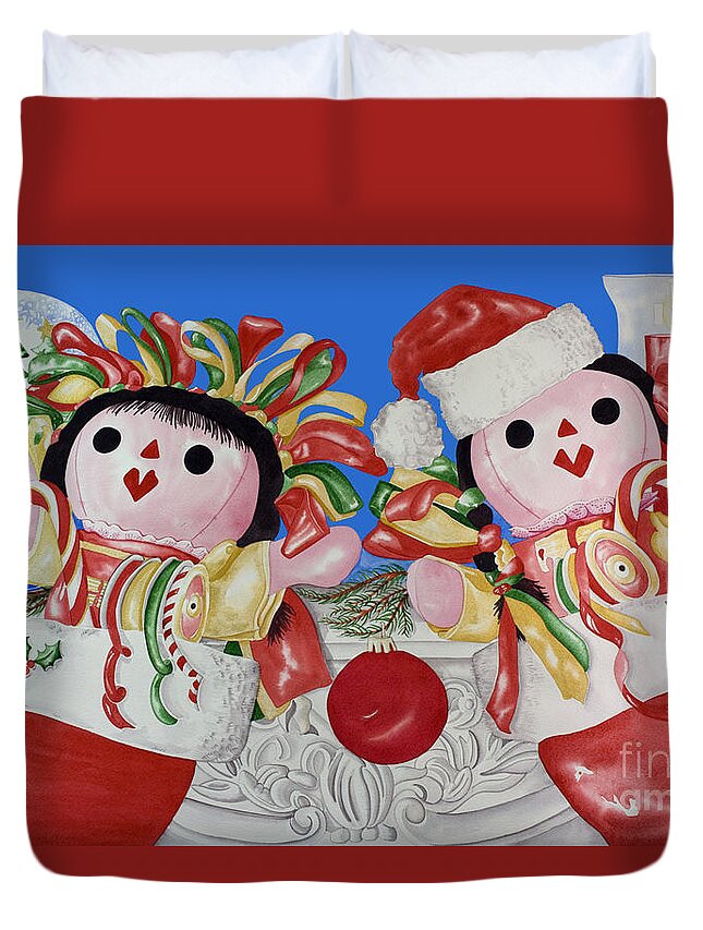 Christmas Cards Duvet Cover featuring the painting Twin Stockings by Kandyce Waltensperger