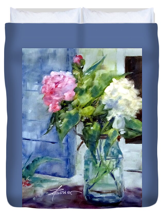 Flowers Duvet Cover featuring the painting Two Beauties and A Bud by Adele Bower
