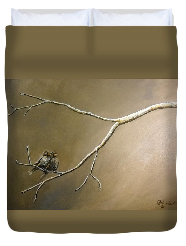 Birds Duvet Cover featuring the painting Two Birds on a Branch by Cami Lee