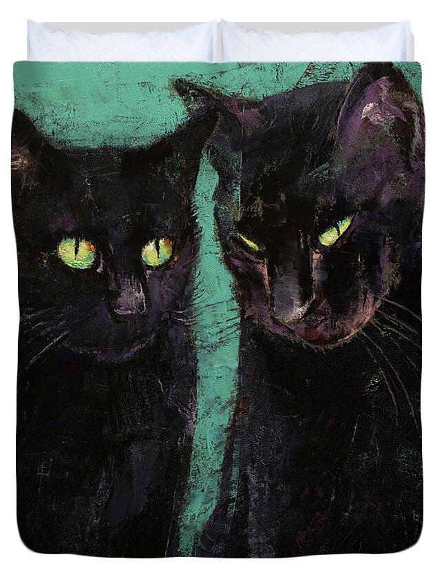 Abstract Duvet Cover featuring the painting Two Black Cats by Michael Creese