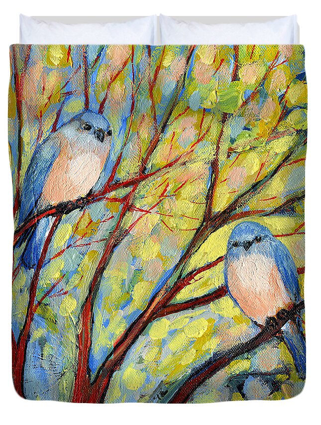 Bird Nature Bluebird Spring Branch Tree Shrub Red Yellow Blue Peach Pink Jenlo Duvet Cover featuring the painting Two Bluebirds by Jennifer Lommers