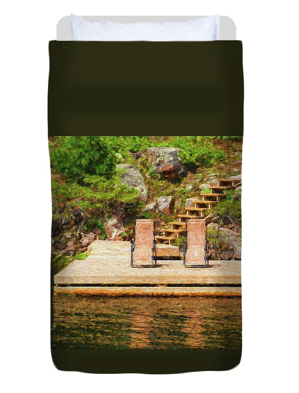Dock Duvet Cover featuring the digital art Two chairs on the dock painterly by Les Palenik