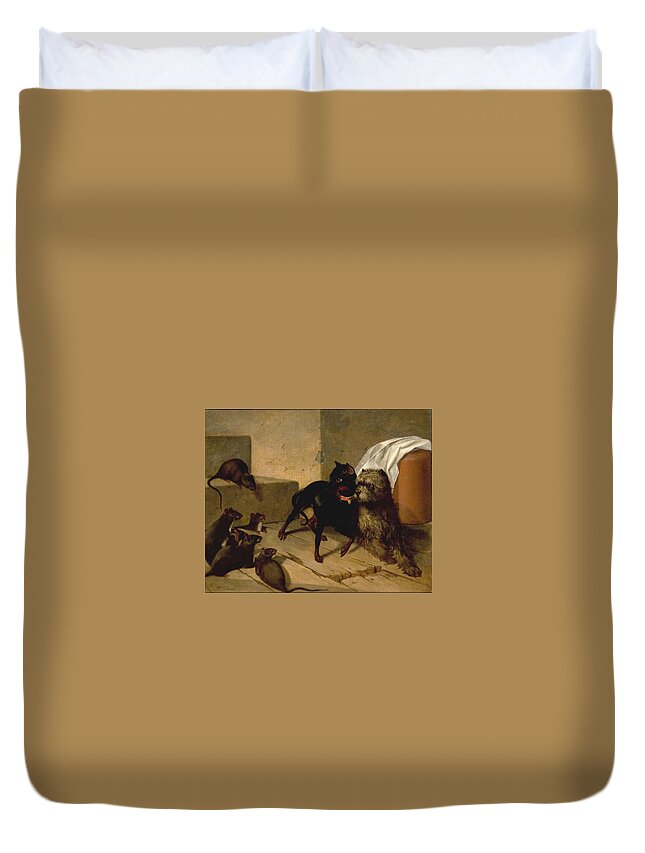 Two Dogs Cowering Before Rats Duvet Cover featuring the painting Two Dogs Cowering before Rats by MotionAge Designs