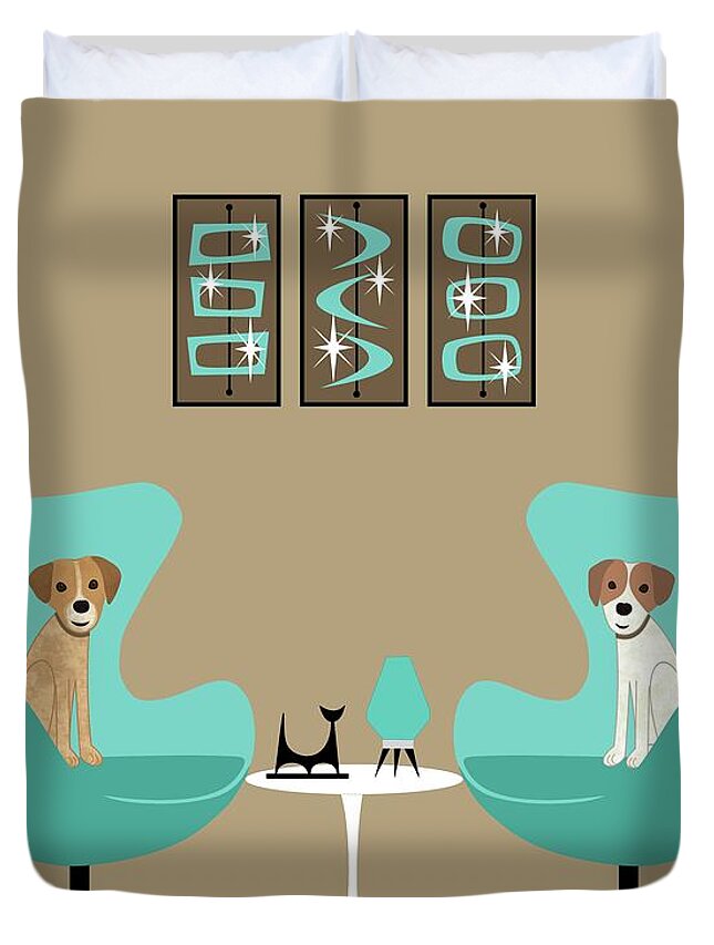 Mid Century Modern Dog Duvet Cover featuring the digital art Two Egg Chairs with Dogs by Donna Mibus