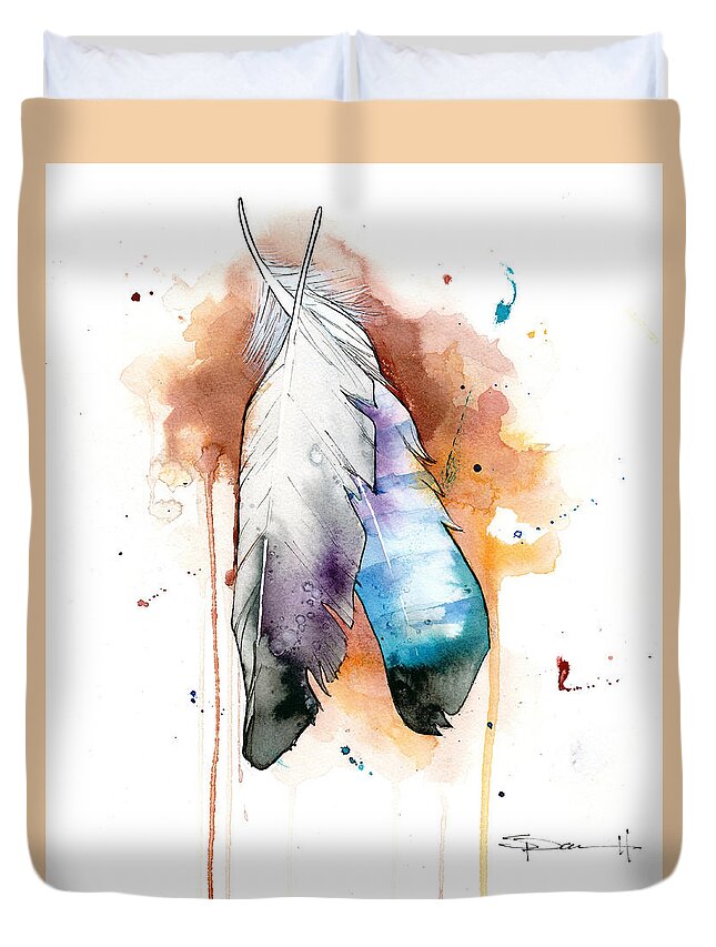 Watercolor Duvet Cover featuring the painting Two Feathers by Sean Parnell