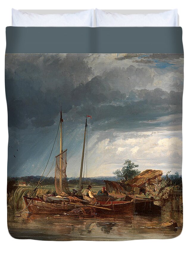 George Hyde Chambers Duvet Cover featuring the painting Two Fishing Boats on the Banks of Inland Waters by George Hyde Chambers