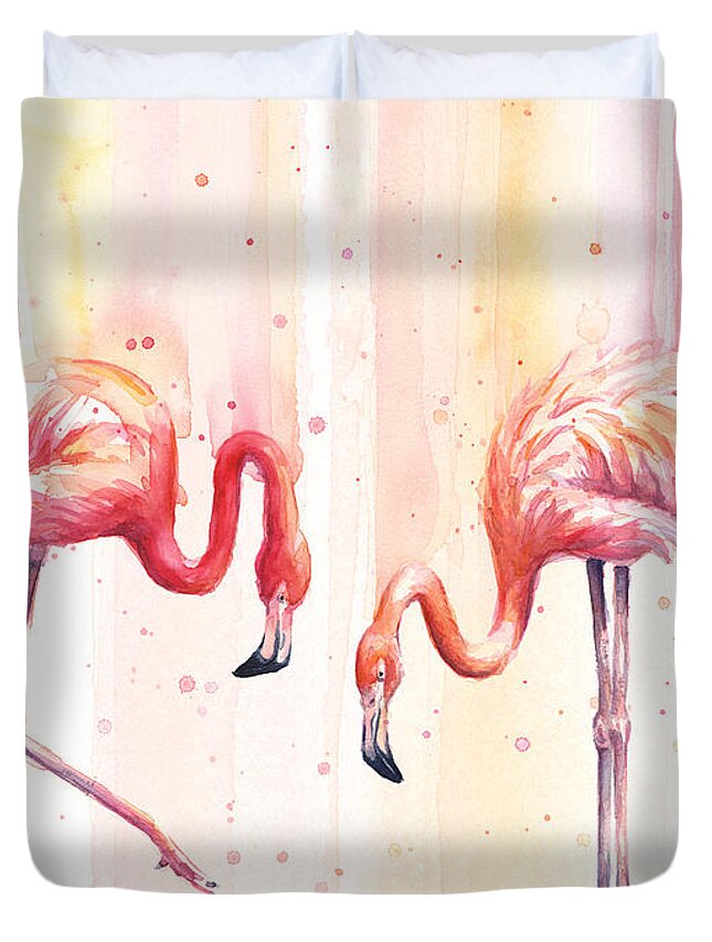 Flamingo Duvet Cover featuring the painting Two Flamingos Watercolor by Olga Shvartsur