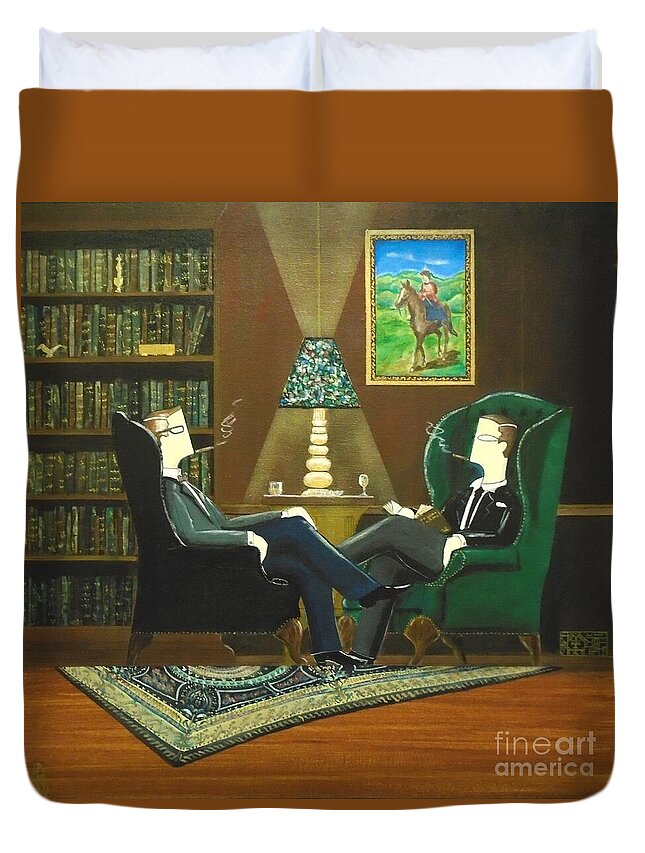 Two Gentlemen Sitting in Wingback Chairs at Private Club Duvet Cover by  John Lyes - Pixels