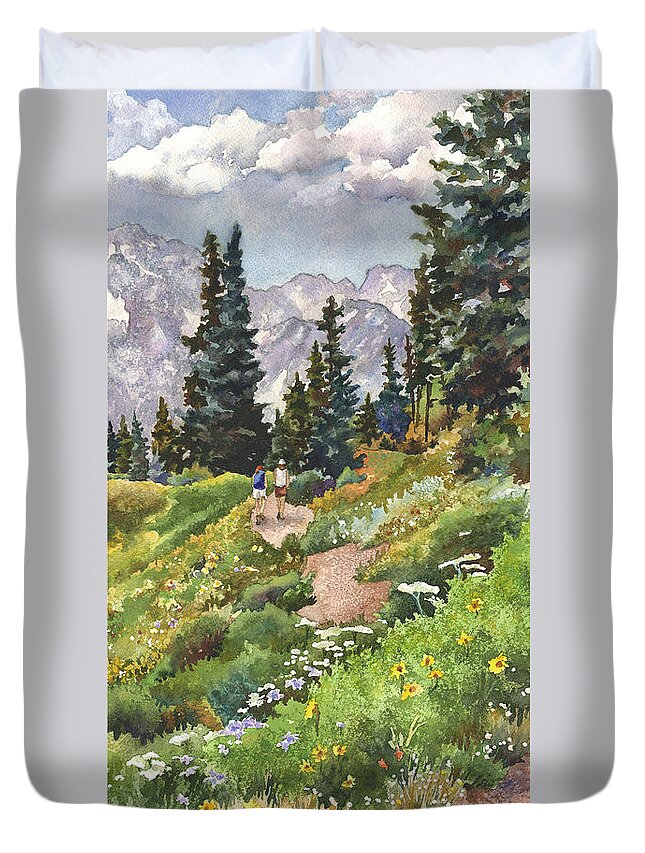 Colorado Hiking Trail Painting Duvet Cover featuring the painting Two Hikers by Anne Gifford
