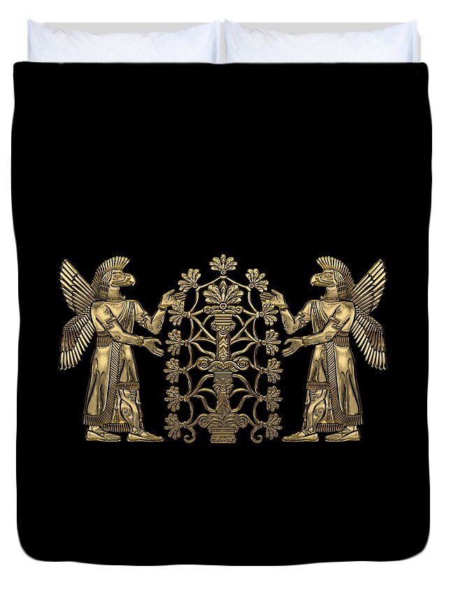 ‘treasures Of Mesopotamia’ Collection By Serge Averbukh Duvet Cover featuring the digital art Two Instances of Gold God Ninurta with Tree of Life over Black Canvas by Serge Averbukh