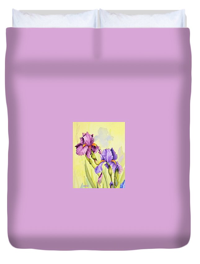 Iris Garden Duvet Cover featuring the painting Two Irises by Mishel Vanderten