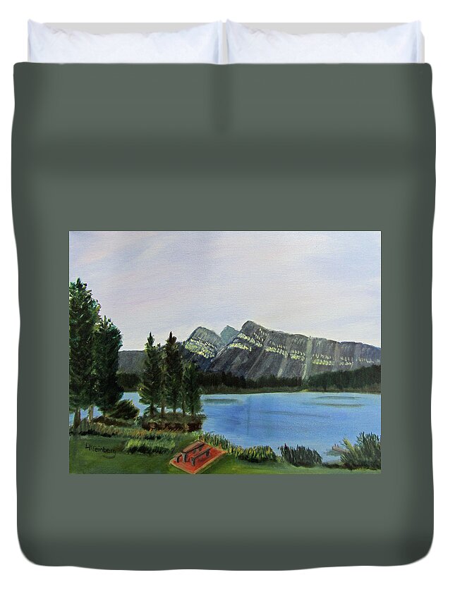 Lake Duvet Cover featuring the painting Two Jack Lake by Linda Feinberg