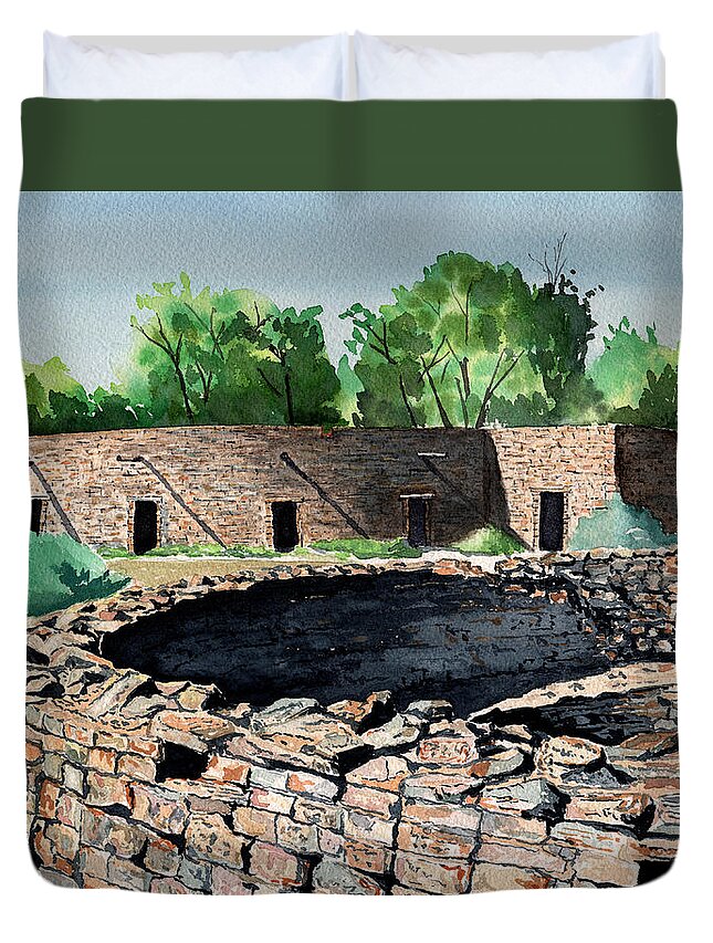 Tim Gordon Duvet Cover featuring the painting Two Kivas Aztec Ruins by Timithy L Gordon