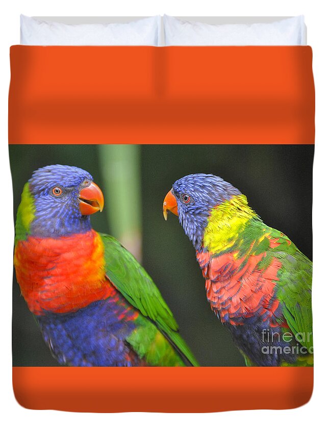 Lories Duvet Cover featuring the photograph Two lories make a scene by PatriZio M Busnel