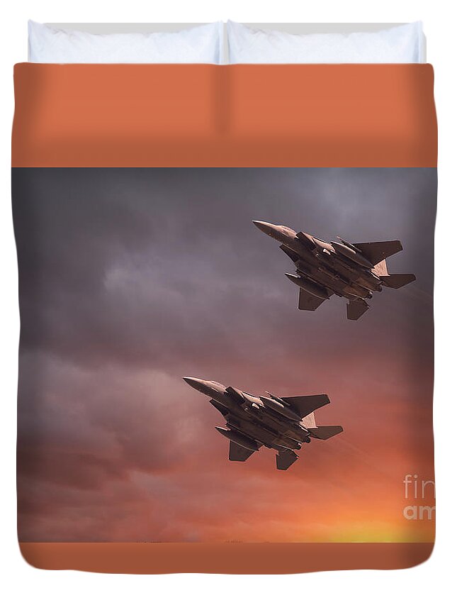 Usaf Duvet Cover featuring the photograph Two low flying F-15E Strike Eagles at sunset by Simon Bratt