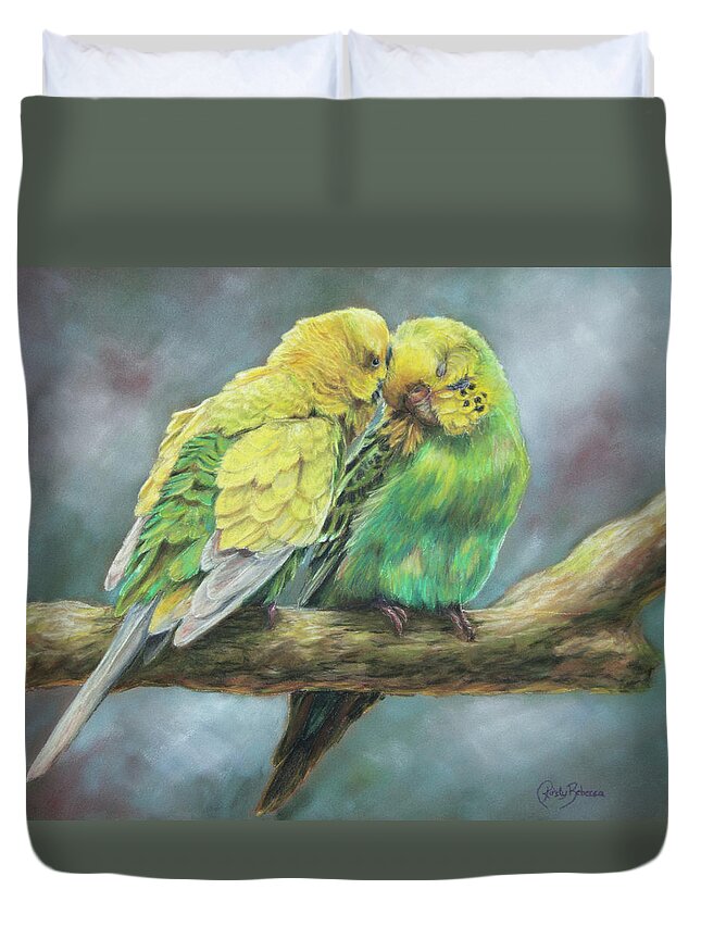 Budgie Duvet Cover featuring the pastel Two of a Kind by Kirsty Rebecca