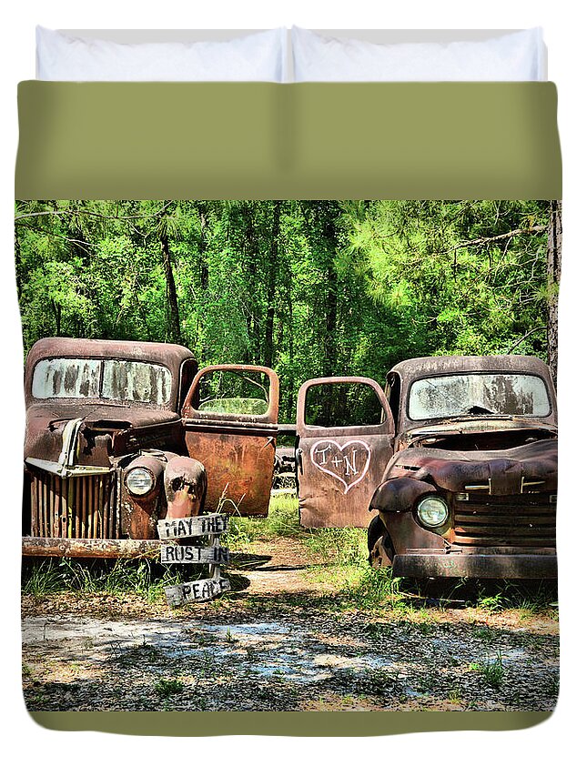 Pat Harvey's Truck Graveyard Duvet Cover featuring the photograph Two Old Dogs by Ben Prepelka