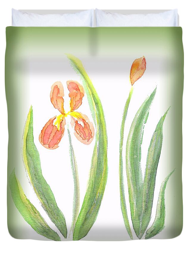 Art Duvet Cover featuring the painting Two Orange Iris green frame by Delynn Addams