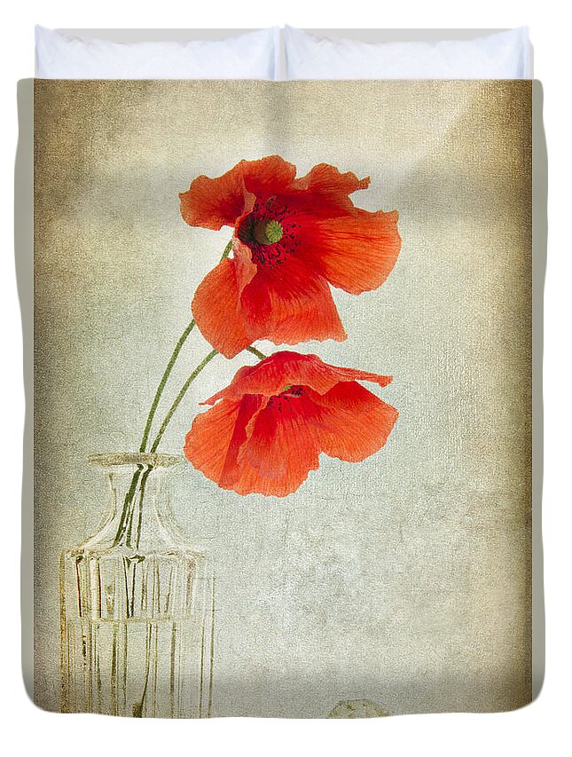 Poppy Duvet Cover featuring the digital art Two Poppies in a Glass Vase by Ann Garrett