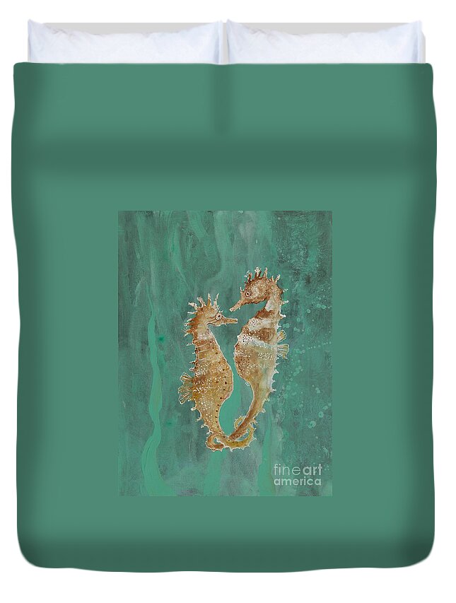 Seahorses Duvet Cover featuring the painting Two Seahorse Lovers by Robin Pedrero