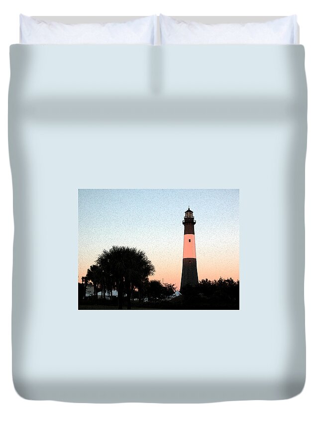 Tybee Duvet Cover featuring the digital art Tybee Light Sunset by Rhodes Rumsey