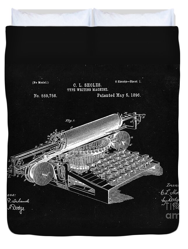 Typewriter Duvet Cover featuring the drawing Type writing machine patent from 1896 - black by Delphimages Photo Creations