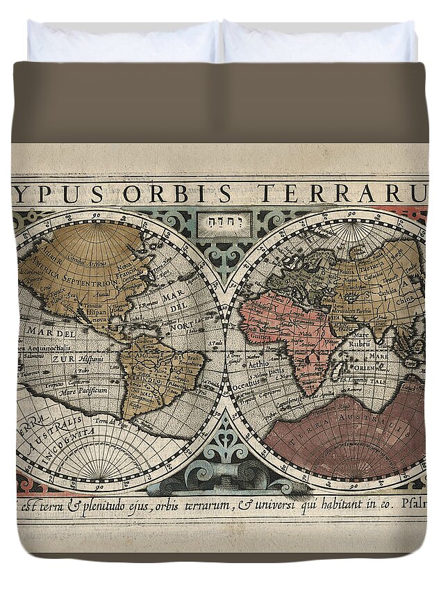Typus Orbis Terrarum Duvet Cover featuring the drawing Typus Orbis Terrarum - Gerhard Mercator - 1607 - Historical Chart by Studio Grafiikka