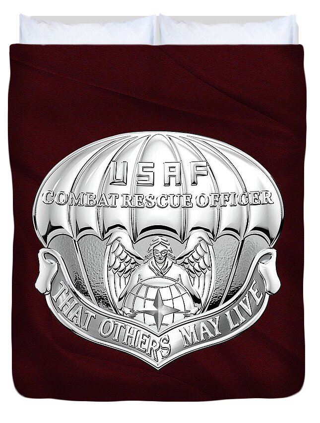 'military Insignia & Heraldry' Collection By Serge Averbukh Duvet Cover featuring the digital art U. S. Air Force Combat Rescue Officer - C R O Badge over Maroon Felt by Serge Averbukh