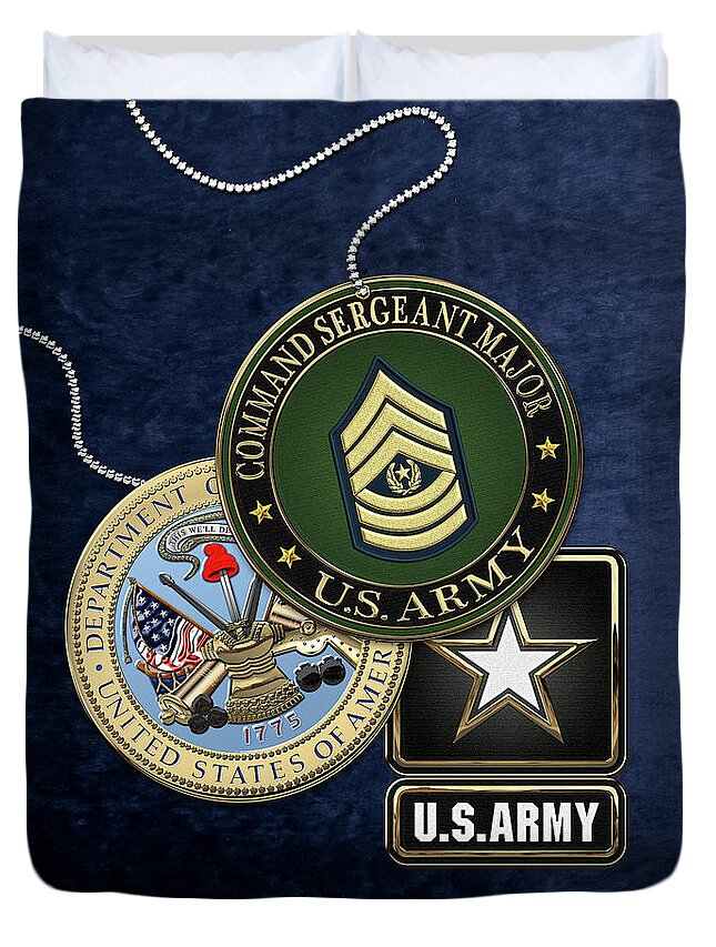 Military Insignia & Heraldry Collection By Serge Averbukh Duvet Cover featuring the digital art U. S. Army Command Sergeant Major - C S M Rank Insignia with Army Seal and Logo over Blue Velvet by Serge Averbukh
