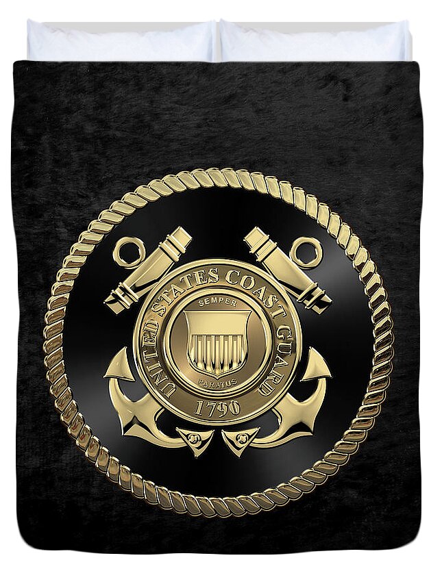 'military Insignia & Heraldry' Collection By Serge Averbukh Duvet Cover featuring the digital art U. S. Coast Guard - U S C G Emblem Black Edition over Black Velvet by Serge Averbukh
