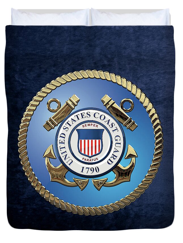'military Insignia & Heraldry 3d' Collection By Serge Averbukh Duvet Cover featuring the digital art U. S. Coast Guard - U S C G Emblem over Blue Velvet by Serge Averbukh