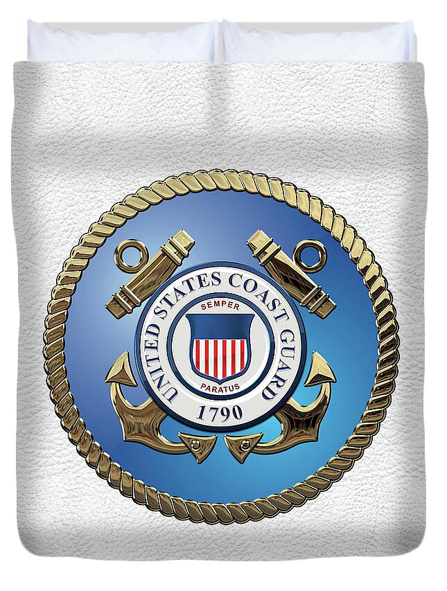 'military Insignia & Heraldry 3d' Collection By Serge Averbukh Duvet Cover featuring the digital art U. S. Coast Guard - U S C G Emblem over White Leather by Serge Averbukh