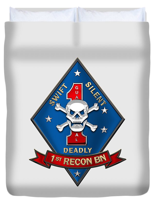 'military Insignia & Heraldry' Collection By Serge Averbukh Duvet Cover featuring the digital art U S M C 1st Reconnaissance Battalion - 1st Recon Bn Insignia over White Leather by Serge Averbukh