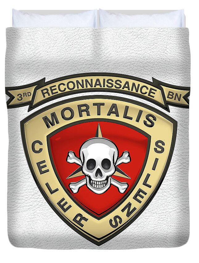 'military Insignia & Heraldry' Collection By Serge Averbukh Duvet Cover featuring the digital art U S M C 3rd Reconnaissance Battalion - 3rd Recon Bn Insignia over White Leather by Serge Averbukh