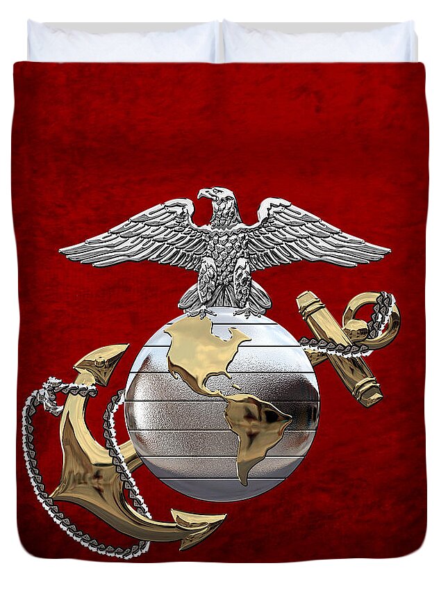 'usmc' Collection By Serge Averbukh Duvet Cover featuring the digital art U S M C Eagle Globe and Anchor - C O and Warrant Officer E G A over Red Velvet by Serge Averbukh