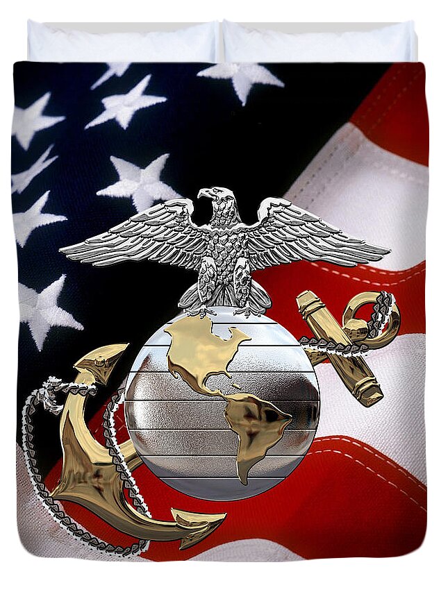 'usmc' Collection By Serge Averbukh Duvet Cover featuring the digital art U S M C Eagle Globe and Anchor - C O and Warrant Officer E G A over U. S. Flag by Serge Averbukh