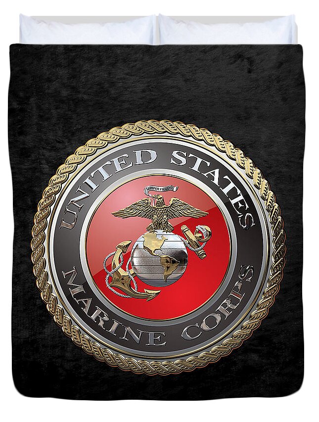 'usmc' Collection By Serge Averbukh Duvet Cover featuring the digital art U. S. Marine Corps - U S M C Emblem over Black Velvet by Serge Averbukh