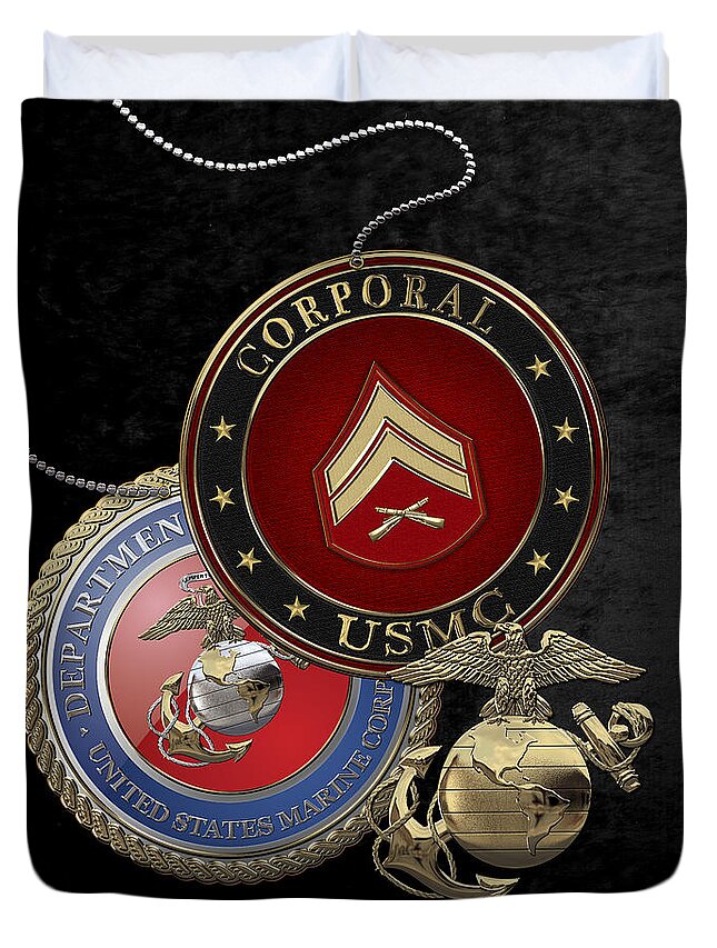 military Insignia 3d By Serge Averbukh Duvet Cover featuring the digital art U. S. Marines Corporal Rank Insignia over Black Velvet by Serge Averbukh