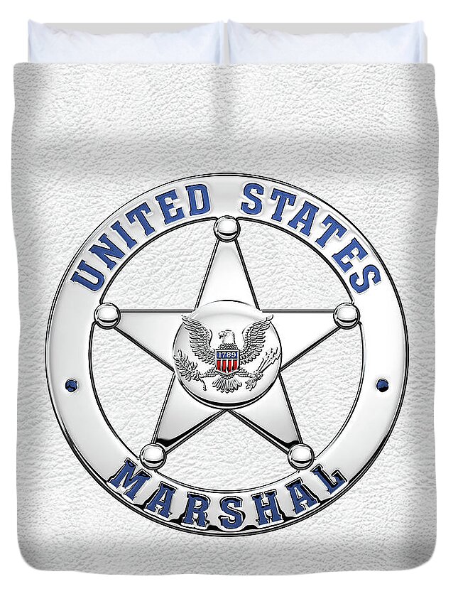 'law Enforcement Insignia & Heraldry' Collection By Serge Averbukh Duvet Cover featuring the digital art U. S. Marshals Service - U S M S Badge over White Leather by Serge Averbukh
