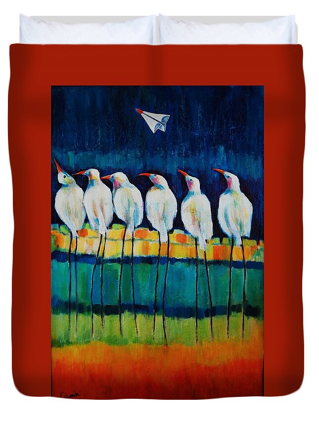 Expressive Birds Duvet Cover featuring the painting UFO Sighting by Jean Cormier