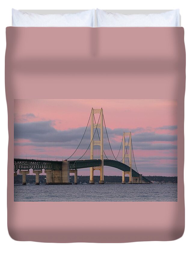 Mackinac Bridge Duvet Cover featuring the photograph Under a Rose Colored Sky by Keith Stokes