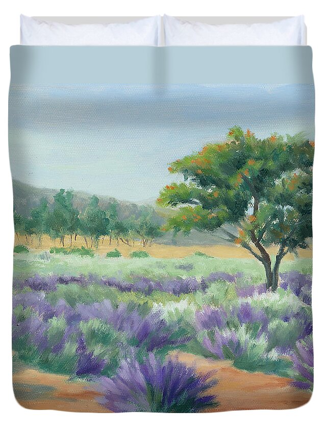 Lavender Fields Duvet Cover featuring the painting Under Blue Skies in Lavender Fields by Sandy Fisher