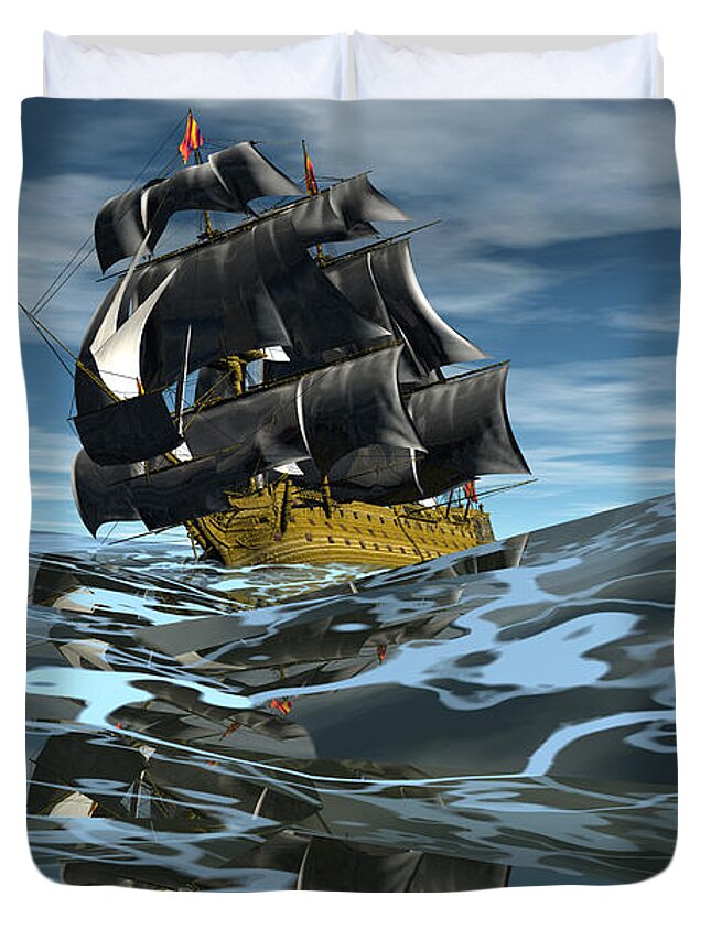Bryce 3d Fantasy  Seas Seascape tall Ships Windjammer Duvet Cover featuring the digital art Under full sail by Claude McCoy
