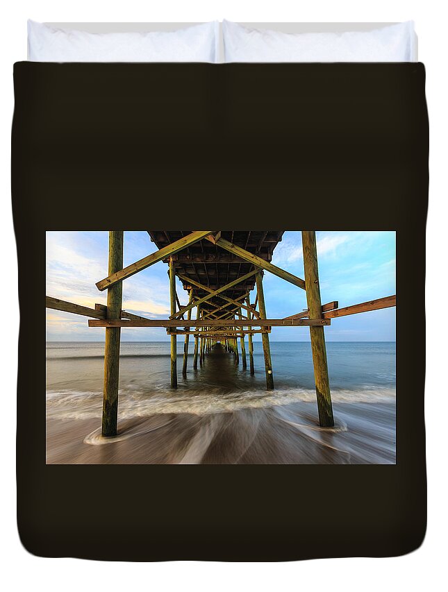 Oak Island Duvet Cover featuring the photograph Under Oak Island Pier by Nick Noble
