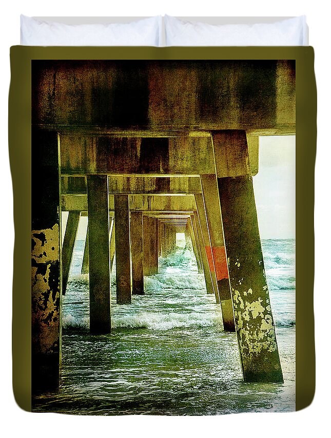 Beach Duvet Cover featuring the photograph Under Pier Vintage by Linda Olsen