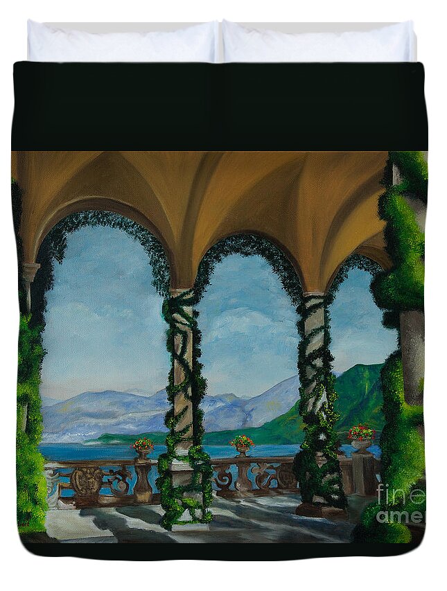 Bellagio Italy Art Duvet Cover featuring the painting Under The Arches At Villa Balvianella by Charlotte Blanchard