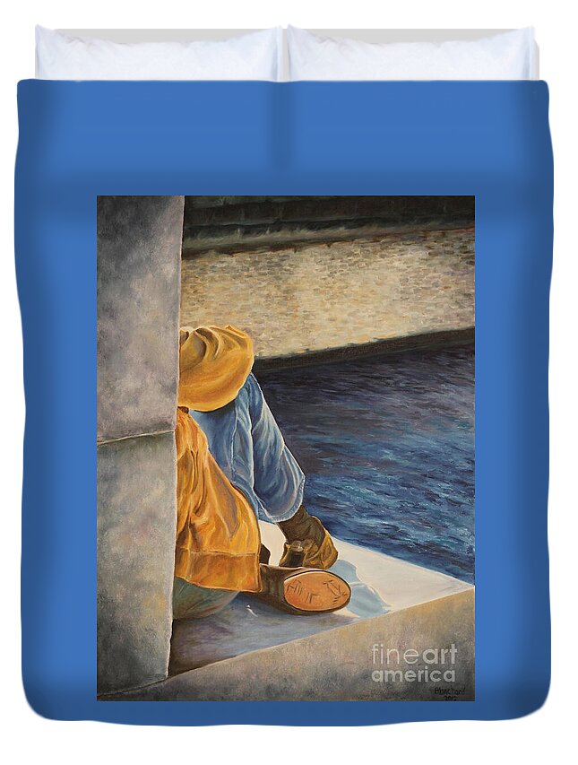 Seine River Paris Duvet Cover featuring the painting Under The Bridge on the River Seine in Paris by Charlotte Blanchard